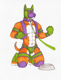 abs anthro bondage_gear bondage_gloves bowl bulge clothed clothing collar container front_view fur green_clothing green_eyes green_underwear handwear knee_pads kneeling looking_at_viewer male male_anthro muscular muscular_anthro muscular_male navel open_clothing open_topwear orange_body pecs purple_clothing purple_collar purple_topwear simple_background solo topwear underwear white_background white_body white_fur hufnaar canid canine mammal hi_res traditional_media_(artwork)