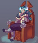 anthro areola big_breasts blue_hair breasts chair clothed clothing clothing_lift ear_piercing female flashing flashing_breasts fur furniture hair horn looking_at_viewer nipples on_chair piercing sitting sitting_on_chair sitting_on_throne solo throne topwear traknoch gunfire_reborn lyn_(gunfire_reborn) bovid caprine goat mammal 2025 absurd_res digital_media_(artwork) hi_res