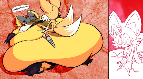 anthro belly big_belly breasts clothing duo female fur gloves handwear huge_belly hyper hyper_belly male morbidly_obese morbidly_obese_anthro morbidly_obese_female obese obese_anthro obese_female orange_body orange_fur overweight overweight_anthro overweight_female sitting speech_bubble text ultrahand sega sonic_the_hedgehog_(series) miles_prower rouge_the_bat bat canid canine fox mammal hi_res