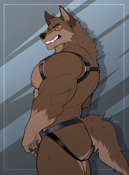 5_fingers abstract_background anthro anthrofied biceps big_muscles biped black_clothing black_harness black_jockstrap black_nose black_underwear brown_body brown_eyes brown_fur butt claws clothed clothed_anthro clothed_male clothing countershade_butt countershade_face countershade_fur countershade_legs countershade_tail countershade_torso countershading deltoids eyebrows fangs finger_claws fingerpads fingers fur gloves_(marking) harness humanoid_hands jockstrap looking_aside looking_aside_at_viewer looking_at_viewer male male_anthro markings muscular muscular_anthro muscular_arms muscular_male nipples pawpads pecs pink_nipples shadow side_view solo standing tail teeth text topless topless_anthro topless_male triceps underwear white_claws white_finger_claws yellow_sclera fullbodywolf balto_(series) universal_studios balto canid canine canis domestic_dog husky hybrid mammal nordic_sled_dog spitz wolf wolfdog artist_name digital_drawing_(artwork) digital_media_(artwork) flat_colors hi_res portrait signature three-quarter_portrait
