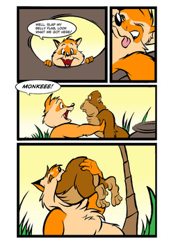 anthro brown_body brown_fur cauldron dialogue duo fangs feral fur gorging grass male nude_anthro nude_male orange_body orange_fur overweight overweight_anthro overweight_male palm_tree pink_tongue plant sharp_teeth soft_vore speech_bubble stuffing teeth text tongue tree vore weight_gain dutch_(artist) ape haplorhine mammal orangutan primate procyonid raccoon 2011 colored comic english_text