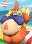 anthro ball beach beach_ball belly big_belly big_breasts biped blush bodily_fluids bracelet breasts clothed clothing cloud curvy_figure dialogue dipstick_tail eyes_closed female front_view fur inflatable jewelry lactating lactating_through_clothing markings mostly_nude multicolored_body multicolored_fur open_mouth orange_body orange_fur overweight overweight_anthro overweight_female pregnant pregnant_anthro pregnant_female sand sea seaside sky solo standing sweat sweatdrop tail tail_markings tan_body tan_fur text thick_thighs tuft two_tone_body two_tone_fur voluptuous water wet wet_clothing pandashorts nintendo pokemon fan_character fio_(pandashorts) floatzel generation_4_pokemon mammal mustelid pokemon_(species) 2022 english_text hi_res