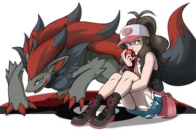 4_fingers 5_fingers ambiguous_gender anthro bag black_body black_fur black_hair blue_eyes bottomwear brown_hair claws clothing duo female fingers footwear fur grey_body grey_fur hair hat headgear headwear highlights_(coloring) inner_ear_fluff jacket legwear pokeball pokeball_clothing ponytail red_claws red_hair red_inner_ear sharp_teeth shoes shorts sitting smile socks standard_pokeball teeth toe_claws tongue topwear tuft felisfurtificus nintendo pokemon hilda_(pokemon) canid canine generation_5_pokemon human mammal pokemon_(species) zoroark 2015 signature unavailable_at_source