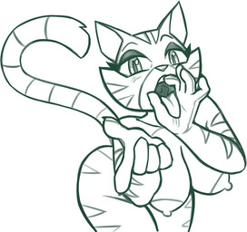 alternate_species anthro areola big_areola big_breasts blush bodily_fluids breasts eyeshadow facial_markings fellatio_gesture fellatio_request female furrification gesture half-closed_eyes hand_gesture head_markings inviting_to_oral inviting_to_sex lidded_eyes looking_at_viewer makeup markings muzzle_(marking) narrowed_eyes nipples nude offering_sex oral_invitation oral_request pointing pointing_at_viewer presenting_mouth presenting_to_viewer pupils requesting saliva seductive sex_request slit_pupils solo striped_body stripes suggestive suggestive_gesture thick_thighs tongue tongue_out uvula wide_hips redout dc_comics teen_titans starfire_(teen_titans) domestic_cat felid feline felis mammal 2025 hi_res monochrome
