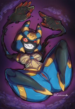 anthro bandage blue_body bodily_fluids breasts clothed clothing egyptian egyptian_clothing female floating floating_hands genitals hand_sign looking_at_viewer partially_clothed purple_background red_eyes simple_background smile solo teeth vulva tucolewds nintendo pokemon cofagrigus generation_3_pokemon generation_5_pokemon ghost humanoid hybrid pokemon_(species) spirit undead absurd_res digital_media_(artwork) hi_res