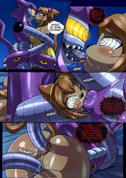 4_panel_comic anal anal_penetration anthro anus arms_around_partner bangs ben_day_dots black_nose blunt_bangs blush bodily_fluids breast_squish breasts brown_body brown_hair brown_tail butt clitoris clothing dominant dominant_female double_penetration duo eyewear eyewear_on_head eyewear_only fangs female female/female french_kissing front_view furrowed_eyebrows genital_fluids genitals glowing glowing_eyes goggles goggles_on_head goggles_only hair hypnosis hypnotic_eyes kissing leg_wrap machine mind_control moan night nude onomatopoeia open_mouth oral oral_penetration outside outside_sex penetration purple_body purple_eyes purple_hair purple_tail questionable_consent rear_view restrained robotic_tentacles saliva segmented_arms segmented_body segmented_legs sex sharp_teeth side_view sound_effects speech_bubble speed_lines spiral spiral_eyes squish submissive submissive_female sweat sweaty_face tail teeth text thought_bubble tongue tongue_out tongue_penetration triangle_nose vaginal vaginal_fluids vaginal_penetration vulva yellow_clothing yellow_eyes yellow_sclera rod_akihiro gameoverse glitch_productions kit_bodega malice_(gameoverse) animal_humanoid cat_humanoid cyclops domestic_cat felid felid_humanoid feline feline_humanoid felis humanoid mammal mammal_humanoid robot robot_humanoid 2026 comic english_text headshot_portrait hi_res multiple_scenes portrait shaded three-quarter_portrait