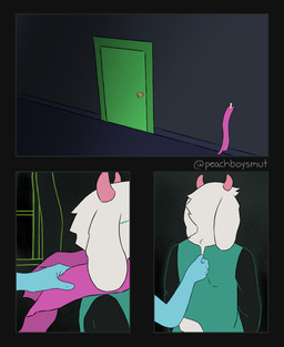 ambiguous_gender ambiguous_human anthro bedroom blue_body clothed clothed_anthro clothing door dress duo fur green_clothing green_dress horn inside male rear_view scarf unzipping white_body white_fur peachboysmut deltarune undertale_(series) kris_dreemurr ralsei bovid caprine darkner goat human mammal 2026 comic digital_media_(artwork) hi_res