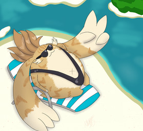 anthro beach beach_chair clothing eyewear fur lying male on_back one-piece_swimsuit relaxing sand solo sunglasses swimwear water wearing_sunglasses watistaht xenoblade_(series) xenoblade_chronicles_2 tora_(xenoblade) nopon 2023 hi_res