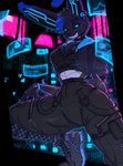 anthro black_body blue_eyes blue_hair breasts bubble_butt bulging_breasts butt chest_tuft choker cleavage cleavage_overflow clothed clothing countershading crop_top crouching cyberpunk detailed_background eyeshadow female footwear glowing glowing_ears glowing_eyes glowing_whiskers hair half-closed_eyes hand_on_leg hand_on_thigh hands_behind_back hoodie jewelry long_ears looking_at_viewer machine makeup markings metallic_body multicolored_body narrowed_eyes necklace neon neon_lights screen shirt shoes short_hair solo streetwear techwear text topwear tuft unzipped_jacket white_body white_countershading veznadraws tsumi_(veznadraws) android lagomorph leporid mammal rabbit robot robot_anthro english_text hi_res