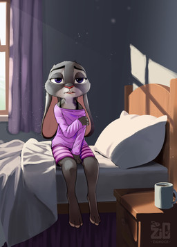 3_toes anthro bed bottomwear clothed clothing container cup feet female female_anthro fingers furniture half-closed_eyes long_ears mug narrowed_eyes on_bed purple_eyes shirt shorts sitting solo teeth text toes topwear zigrock001 disney zootopia judy_hopps european_rabbit lagomorph leporid mammal oryctolagus rabbit absurd_res artist_name hi_res watermark