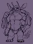 4_arms 4_pecs antennae_(anatomy) anthro anthrofied bulge claws clothing fur grin hand_on_hip male multi_arm multi_limb multi_pecs muscular muscular_anthro muscular_male notched_ear pecs purple_and_black purple_background simple_background smile solo speedo standing swimwear towel apfelskai disney lilo_and_stitch stitch_(lilo_and_stitch) alien experiment_(lilo_and_stitch) 2021 hi_res sketch