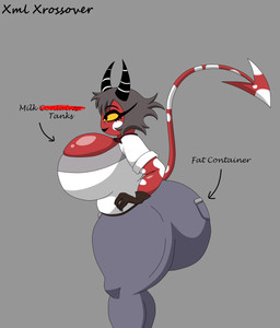 belly big_breasts big_butt black_hair breasts butt cleavage clothed clothing female grey_background hair hand_on_hip huge_breasts huge_butt hyper hyper_butt mature_female red_body red_skin short_hair shortstack simple_background solo spade_tail tail text thick_thighs tight_clothing wrinkles yellow_sclera xml_xrossover_(artist) evil_container hellaverse helluva_boss lin_(helluva_boss) demon demon_humanoid humanoid imp absurd_res english_text hi_res meme