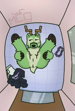andromorph anthro anus clothing discarded_clothing fur genitals green_body green_fur intersex lying male mirror on_back presenting presenting_anus presenting_vulva public solo vulva mcgriddy deer mammal hi_res trans_(lore) trans_man_(lore)