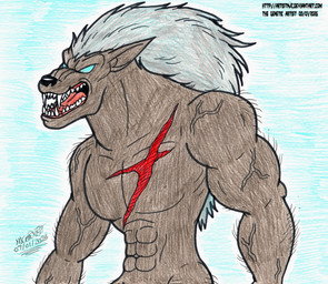 abs anthro blue_eyes chest_scar fangs_bared grey_body hair male mane mane_hair muscular pecs pointy_ears prick_ears scar simple_background solo vein artistnjc altered_beast furaffinity mythology sega luke_custer canid canine mammal mythological_canine mythological_creature werecanid werecanine werecreature werewolf absurd_res hi_res signature traditional_media_(artwork)