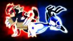 ambiguous_gender duo feral glowing markings spikes teeth unknown_artist nintendo pokemon generation_6_pokemon legendary_pokemon pokemon_(species) primal_groudon primal_kyogre primal_reversion 16:9 hi_res widescreen