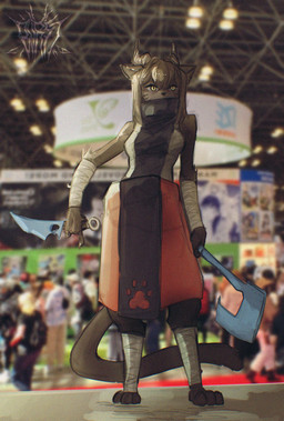 2_horns 3_toes anthro arm_wraps black_bottomwear black_clothing black_nose black_shirt black_topwear bottomwear brown_body brown_fur brown_hair brown_horn clothing convention cosplay feet female front_view fur grey_body grey_fur hair holding_object holding_weapon horn leg_wraps photo_background red_bottomwear red_clothing shirt solo standing toes topwear weapon whiskers white_bottomwear white_clothing white_shirt white_topwear wraps yellow_eyes burstling domestic_cat felid feline felis mammal 2026 absurd_res character_request hi_res huge_filesize mixed_media photography_(artwork)
