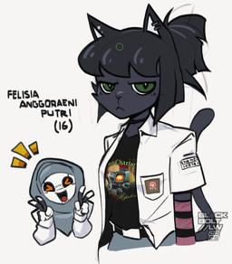 5_fingers :< >_< anthro arm_warmers armwear bangs belt black_body black_fur black_hair bottomwear choker clothing double_v_sign duo ear_piercing eyes_closed facial_tuft female fingers fur gesture green_eyes hair hand_gesture headgear headwear hijab jewelry machine necklace open_mouth open_smile piercing pupils religious_clothing religious_headwear school_uniform shirt short_hair simple_background skirt slit_pupils smile t-shirt tail topwear tuft uniform v_sign white_background young blackboltlonewolf good_charlotte felisia_(blackbolt) indira_(blackbolt) domestic_cat felid feline felis humanoid mammal robot robot_humanoid 2025 signature