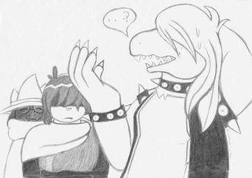 ambiguous_gender anthro armband armor black_body black_fur bodily_fluids bracelet cape claws clothed clothing collar eyewear female fur glasses group hair hat headgear headwear jewelry male question_mark scarf scratching_head simple_background smile speech_bubble spiked_armband spiked_bracelet spiked_collar spikes sweat sweatdrop teeth trio lunarpanda8686 deltarune mythology undertale_(series) kris_dreemurr ralsei susie_(deltarune) bovid caprine darkner goat human mammal monster mythological_creature reptile scalie graphite_(artwork) hi_res sketch traditional_media_(artwork)