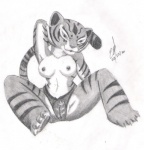 anthro biped breasts clothing countershading female nipples panties simple_background sitting solo spread_legs spreading tail underwear white_background jazzycard dreamworks kung_fu_panda master_tigress felid mammal pantherine tiger greyscale hi_res monochrome