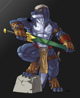 anthro armor bottomwear clothed clothing loincloth male melee_weapon piercing solo sword tail tattoo topless unconvincing_armor weapon yellow_eyes ark-alpha final_fantasy square_enix thrakos bangaa hi_res