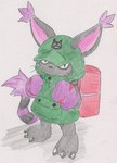 ambiguous_gender anthro backpack black_body black_fur clothing fur hoodie simple_background solo topwear white_background tabasukotrr bandai_namco digimon digimon_ghost_game blackgatomon blackgatomon_uver. digimon_(species) hi_res traditional_media_(artwork)