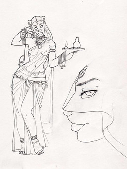 anthro breasts clothed clothing female harem harem_outfit humanoid_face nipples seductive skimpy solo topless translucent translucent_clothing fossa_(artist) euplerid fossa mammal black_and_white monochrome