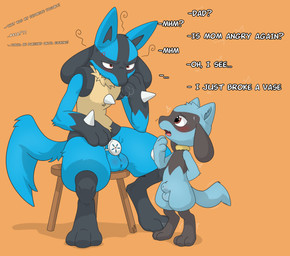 animal_genitalia anthro balls blue_body blue_fur blush bodily_fluids chastity_cage chastity_device crying dialogue duo fur genital_fluids genitals hair humiliation male open_mouth penis simple_background solo tail tears text young whyvern nintendo pokemon canid canine generation_4_pokemon lucario mammal pokemon_(species) riolu absurd_res digital_media_(artwork) hi_res