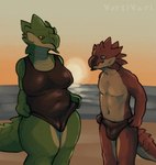 anthro balls_outline beach bulge camel_toe clothing clothing_pull detailed_bulge duo female genital_outline male male/female overweight overweight_female penis_outline rim_light slightly_chubby sunset swimwear underwear underwear_pull vertivari capcom monster_hunter flying_wyvern rath_wyvern rathalos rathian