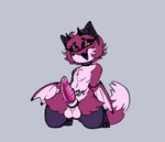 ambiguous_fluids anthro balls canid canine chest_tuft countershading demon dipstick_tail erection fox freckles fur genitals grey_background halfpricesouls hi_res kneeling male mammal markings open_mouth open_smile penis pink_body pink_countershading pink_eyes pink_tail_tip purple_body purple_fur purple_penis purple_sclera purple_tongue simple_background smile solo tail tail_markings tongue tuft wings