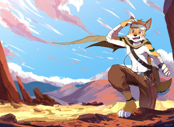 4_toes 5_fingers anthro arm_markings arm_tuft arm_wraps athletic athletic_anthro athletic_male barefoot biped black_nose blue_sky bottomwear brown_bottomwear brown_clothing brown_pants buckle cape cheek_tuft claws clothed clothed_anthro clothed_male clothing cloud countershade_face countershade_fur countershade_hands countershade_neck countershade_tail countershade_torso countershading cute_fangs day desert dipstick_fingers ear_markings elbow_tuft eyebrows eyewear eyewear_on_head facial_tuft fangs feet finger_claws fingerless_(marking) fingerpads fingers front_view fur fur_tuft goggles goggles_on_head green_markings grey_sclera head_tuft iris kemono male male_anthro markings multicolored_body multicolored_fur multicolored_tail nipples open_mouth open_smile pants pawpads pink_nipples pink_tongue pupils raised_hand red_eyes rock sky smile solo tail tail_markings tan_cape tan_clothing teeth toe_claws toeless_(marking) toes tongue topless topless_anthro topless_male tuft white_body white_claws white_countershading white_eyebrows white_fingers white_fur white_inner_ear white_tail white_toes white_tuft wraps yellow_body yellow_ears yellow_fur yellow_tail yellow_tuft nacht canid canine canis domestic_dog mammal absurd_res hi_res portrait shaded
