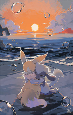 ambiguous_gender anthro backlighting beach blue_body blue_fur bodily_fluids brown_body brown_fur bubble cloud digitigrade dipstick_tail duo eyes_closed feral fluffy fluffy_tail fur hug kerchief kneeling light long_ears markings neck_tuft neckerchief neckwear pawpads rock seaside shadow sky sun sunset tail tail_markings tears tuft water hideko nintendo pokemon pokemon_mystery_dungeon spike_chunsoft eevee generation_1_pokemon generation_4_pokemon pokemon_(species) riolu absurd_res hi_res lighting shaded signature