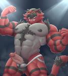 abs acephlosion anthro areola balls barazoku biceps body_hair chest_hair clothing erection fangs felid flexing fur generation_7_pokemon genitals green_eyes hi_res humanoid_genitalia humanoid_penis incineroar jockstrap male mammal manly muscular muscular_anthro muscular_male navel nintendo nipples open_mouth pecs penis pink_penis pokemon pokemon_(species) pubes sharp_teeth smile solo standing teeth thick_thighs tongue triceps underwear vein veiny_penis