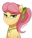 eyebrows female feral fur green_eyes hair jewelry looking_at_viewer necklace pink_eyebrows pink_hair ponytail simple_background stern_look white_background yellow_body yellow_fur marenlicious hasbro mlp_g5 my_little_pony posey_(g5) earth_pony equid equine horse mammal pony hi_res