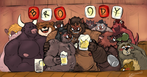 alcohol anthro beer beverage brown_body brown_fur drunk eyes_closed fur group humanoid_hands male moobs musclegut muscular nipples oral overweight overweight_male scar substance_intoxication tooth_necklace desertb0ar broody bear bovid bovine cattle mammal suid suine sus_(pig) wild_boar 2021