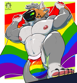 anthro arms_above_head balls bulge detailed_bulge fur genitals grey_body grey_fur lgbt_pride machine male muscular muscular_male penis pride_colors rainbow_flag rainbow_jockstrap rainbow_pride_flag rainbow_symbol shirtless_male solo standing khayen lgbt_pride_month toomuchbutters canid canine canis mammal protogen wolf absurd_res hi_res