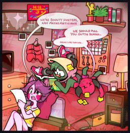 anthro blue_border border clothing dialogue electronics female footwear fur green_body green_fur group hair hood horn inside lamp male male/female paper plant purple_body purple_fur purple_hair shoes speech_bubble television text whiskers yellow_clothing brokensketch mythology animal_humanoid demon domestic_cat equid equine felid feline felis humanoid mammal mammal_humanoid mythological_creature mythological_equine unicorn unknown_species character_request english_text hi_res