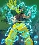 anthro big_breasts big_butt blue_eyes breasts butt clothed clothing electricity elemental_manipulation female fully_clothed fur green_body green_fur green_hair hair looking_at_viewer looking_back muscular muscular_anthro muscular_arms muscular_female ponytail sharp_teeth solo tail teeth aeroartz idw_publishing sega sonic_the_hedgehog_(comics) sonic_the_hedgehog_(idw) sonic_the_hedgehog_(series) surge_the_tenrec afrosoricid mammal tenrec 2024 absurd_res hi_res signature