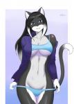 anthro athletic athletic_anthro athletic_female big_breasts blue_eyes blush bra breasts clothing female panties smile solo teasing underwear undressing fo9oku amanda_(smile4amanda) domestic_cat felid feline felis mammal tuxedo_cat absurd_res hi_res