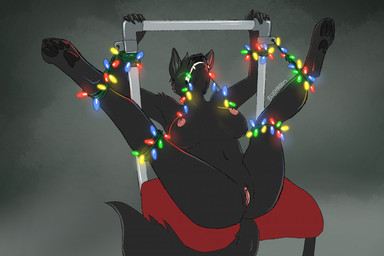 4_toes 5_fingers anthro anus arms_above_head bdsm black_body black_fur bondage bound breasts christmas_decorations christmas_lights clitoris crotch_lines feet female fingers folded fur furniture genitals holidays legs_up lights looking_pleasured monotone_body monotone_fur navel nipple_fetish nipple_penetration nipple_play nipples nude pawpads paws penetration presenting simple_background solo spread_legs spreading string_light_bondage string_lights tail text toes vulva wide_hips blushroom christmas canid canine canis mammal wolf artist_name