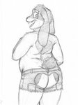 anthro bottomwear butt butt_heart clothing ears_down fur heart_(marking) heart_symbol long_ears looking_back male markings open_mouth pivoted_ears short_tail shorts slightly_chubby slightly_chubby_male solo tail teeth teeth_showing lazzzy_drawings cheesecake_(knothoorg) lagomorph leporid mammal rabbit 2020 hi_res monochrome sketch