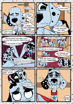 black_spots bodily_fluids crying dialogue facial_markings female feral fur group gun head_markings holding_gun holding_object holding_ranged_weapon holding_weapon male markings mask_(marking) pink_inner_ear ranged_weapon speech_bubble spots tears text weapon white_body white_fur redundantmodule 101_dalmatian_street 101_dalmatians disney dee_dee_(101_dalmatians) deepak_(101_dalmatians) dimitri_2_(101_dalmatians) dimitri_trio_(101_dalmatians) dizzy_(101_dalmatians) dylan_(101_dalmatians) puppy_ensemble_(101_dalmatians) canid canine canis dalmatian domestic_dog human mammal comic english_text hi_res