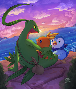 ambiguous_gender anthro beak blue_body blue_eyes blue_scarf clothing cloud feathers grass group leaf leaf_hair leaf_tail male multicolored_body open_mouth orange_body plant plant_hair pseudo_hair red_body romantic romantic_ambiance scarf sea sitting sunset tail water yellow_beak yellow_body yellow_feathers yellow_sclera lunar_eyes_illustration nintendo pokemon pokemon_mystery_dungeon spike_chunsoft grovyle_the_thief avian generation_3_pokemon generation_4_pokemon grovyle piplup pokemon_(species) torchic 2020 hi_res signature male_(lore)