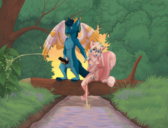 animal_genitalia animal_penis anthro areola balls big_tail blue_areola blue_body blue_eyes blue_fur blue_nipples blue_vulva bodily_fluids breasts day duo erection feathered_wings feathers female fur genital_fluids genitals grass hair holding_penis horn humanoid_genitalia humanoid_vulva knot knotted_penis looking_at_another male medium_breasts nipples nude outside peeing penis pink_body pink_fur plant short_hair sitting smile spread_vulva spreading standing_pee tail tree urine vulva water wings yellow_horn dishka hybrid mammal mephitid skunk 2025 colored digital_drawing_(artwork) digital_media_(artwork) shaded