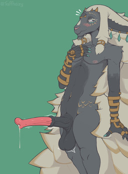 3_eyes animal_genitalia animal_penis anthro armwear balls big_balls big_hair big_penis blue_eyes blush bodily_fluids clothing equine_genitalia equine_penis erection fur genital_fluids genitals green_background grey_body grey_fur hair horn jewelry long_hair looking_away male motion_lines multi_eye multicolored_body nails navel nipples nude penis piercing precum simple_background smile solo two_tone_body white_hair taffhazy nintendo tears_of_the_kingdom the_legend_of_zelda rauru_(tears_of_the_kingdom) mammal zonai 2023 hi_res