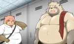 anthro belly big_belly blush brown_body clothing detailed_background duo eyes_closed inside kemono male male/male overweight overweight_male shirt topwear towel towel_on_shoulder tai_tanuki canid canine mammal raccoon_dog tanuki 2022 5:3 hi_res