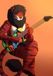 4_toes 5_fingers anthro black_bottomwear black_clothing black_mane black_shorts black_stripes bottomwear clothing crossed_legs electric_guitar feet fingers fur guitar male mane musical_instrument orange_background orange_body orange_fur plucked_string_instrument red_body red_eyes red_fur shorts simple_background smile solo string_instrument stripes toes white_body white_fur casparr dream_theater fiyahligerrawr felid hybrid liger lion mammal pantherine 2013