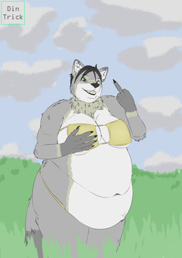 anthro belly belly_overhang belly_rolls big_belly bikini black_hair black_lips black_nose breasts claws clothing cloud deep_navel dina_weird double_chin fat_rolls female field fur gesture grass grey_body grey_eyes grey_fur hair hand_gesture huge_belly lips looking_at_viewer middle_finger navel obese obese_anthro obese_female overweight overweight_anthro overweight_female plant sky smug solo swimwear tail teeth text thick_thighs two-piece_swimsuit yellow_body yellow_fur dintrick canid canine canis mammal wolf absurd_res english_text hi_res