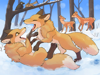 4_toes ambiguous_gender beak black_body black_feathers black_nose black_pawpads blush breath brown_body brown_ears brown_fur brown_nose brown_tail cheek_tuft chest_tuft claws cloven_hooves countershade_face countershade_fur countershade_torso countershading day detailed_background digitigrade dipstick_tail duo_focus eyes_closed facial_tuft fangs feathers feet feral fluffy fluffy_tail forest fur gloves_(marking) group happy hooves inner_ear_fluff leg_markings looking_at_another lying markings multicolored_body multicolored_fur multicolored_tail nature nature_background neck_tuft on_back open_mouth open_smile orange_body orange_eyes orange_fur orange_tail outside pawpads paws pink_tongue plant quadruped running short_tail side_view sky smile snout snow socks_(marking) spots standing tail tail_markings tan_body tan_countershading tan_fur tan_tail teeth toe_claws toes tongue tongue_out tree tuft two_tone_tail white_body white_claws white_fur white_inner_ear white_tail white_tuft winter yellow_eyes fusau avian bird canid canine corvid corvus_(genus) deer fox mammal oscine passerine rodent sciurid tree_squirrel 2023 4:3 detailed digital_media_(artwork) hi_res shaded