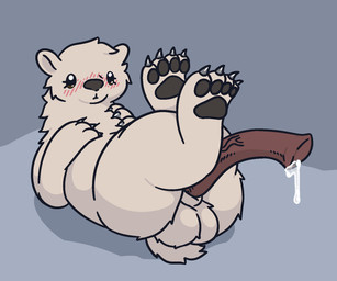 animal_genitalia animal_penis balls big_balls big_butt big_nose big_penis blush blush_lines bodily_fluids butt claws crossed_legs dripping femboy feral fluffy fluffy_balls fur genital_fluids genitals huge_penis hyper hyper_genitalia hyper_penis long_penis looking_at_viewer lying male on_back pawpads paws penis precum precum_drip shadow sheath simple_background small_tail solo tail thick_thighs vein white_body white_fur gandergeist bear mammal polar_bear ursine aliasing digital_media_(artwork) hi_res shaded simple_shading