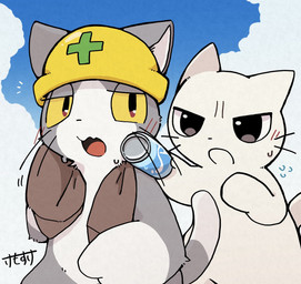 ambiguous_gender armor beverage_can blush blush_lines bodily_fluids brown_towel can clothing cloud container duo emanata feral flying_sweatdrops fur grey_body grey_fur handing_over hard_hat hat headgear headwear helmet kemono multicolored_body multicolored_fur narrowed_eyes open_mouth semi-anthro sky sweat sweatdrop tail text towel towel_around_neck tuft two_tone_body two_tone_fur whiskers white_body white_fur yellow_clothing yellow_hat yellow_headwear yellow_sclera ke_mo_suke kumamine safety_cat shikaruneko_(series) genba_neko shikaruneko domestic_cat felid feline felis mammal 2025 digital_media_(artwork) hi_res japanese_text shaded signature simple_shading